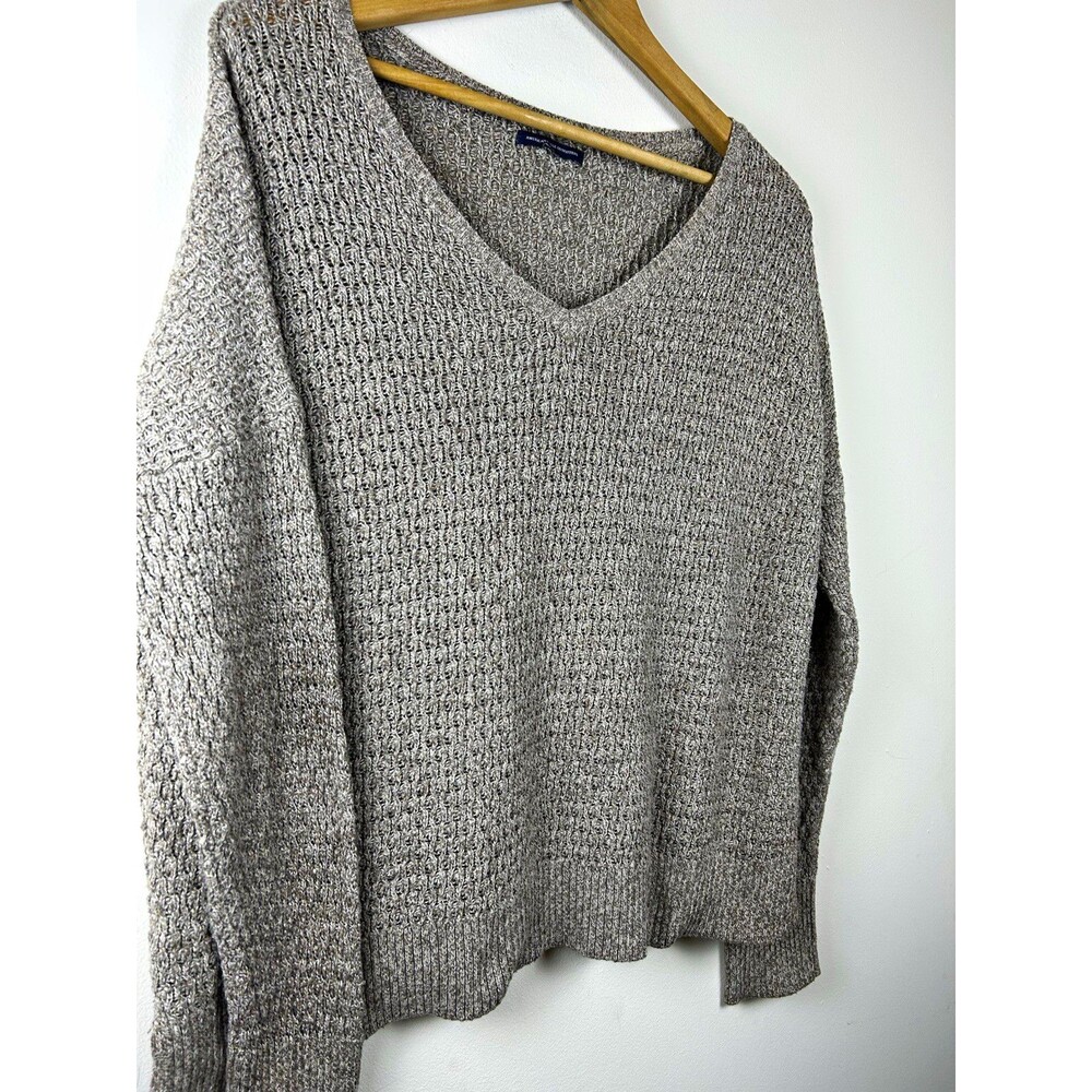 American Eagle Outfitter XL V-Neck Marbled Open Knit Sweater Boho Taupe Neutral